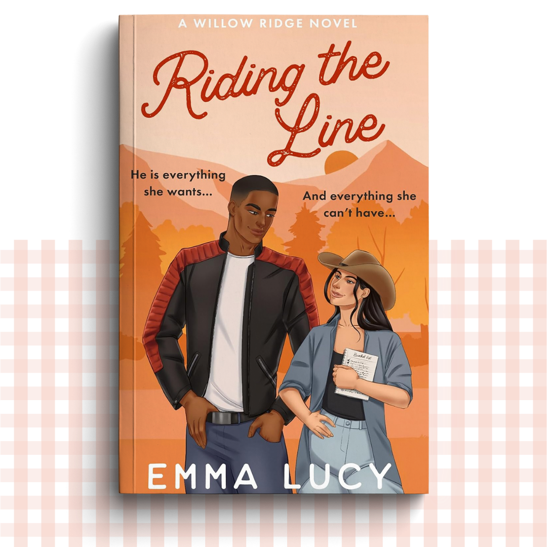 Paperback book cover of 'Riding the Line' by Emma Lucy with two characters with an orange mountainscape background