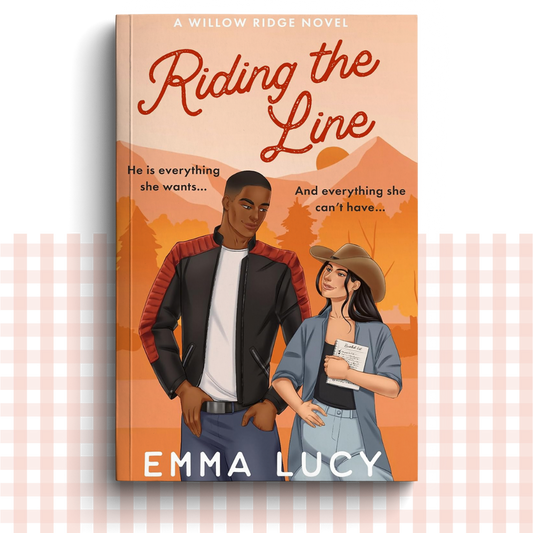 Paperback book cover of 'Riding the Line' by Emma Lucy with two characters with an orange mountainscape background