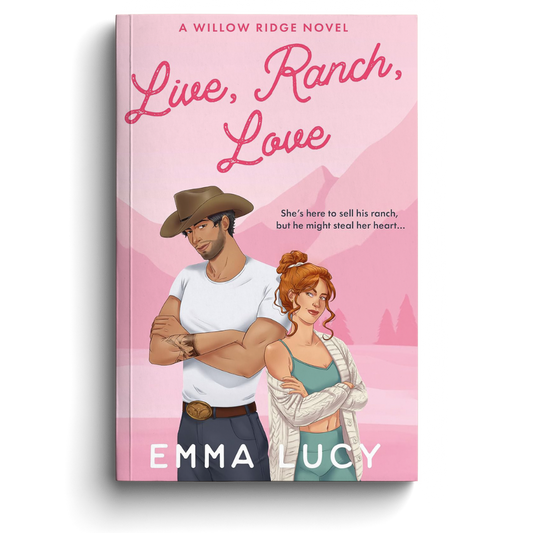 Book cover of 'Live, Ranch, Love' by Emma Lucy with a pink background and illustrations of a man and woman.
