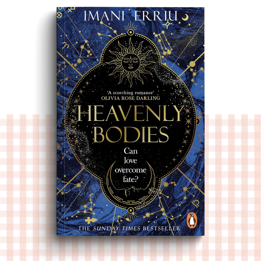 Paperback book cover of 'Heavenly Bodies' by Imani Erriu, with dark blue and gold fantasy elements.