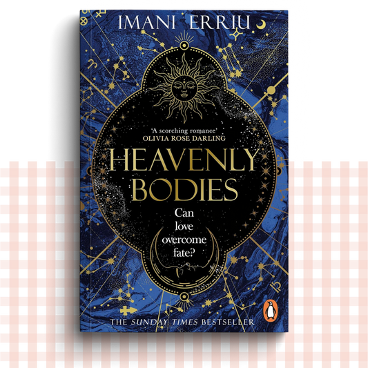 Paperback book cover of 'Heavenly Bodies' by Imani Erriu, with dark blue and gold fantasy elements.