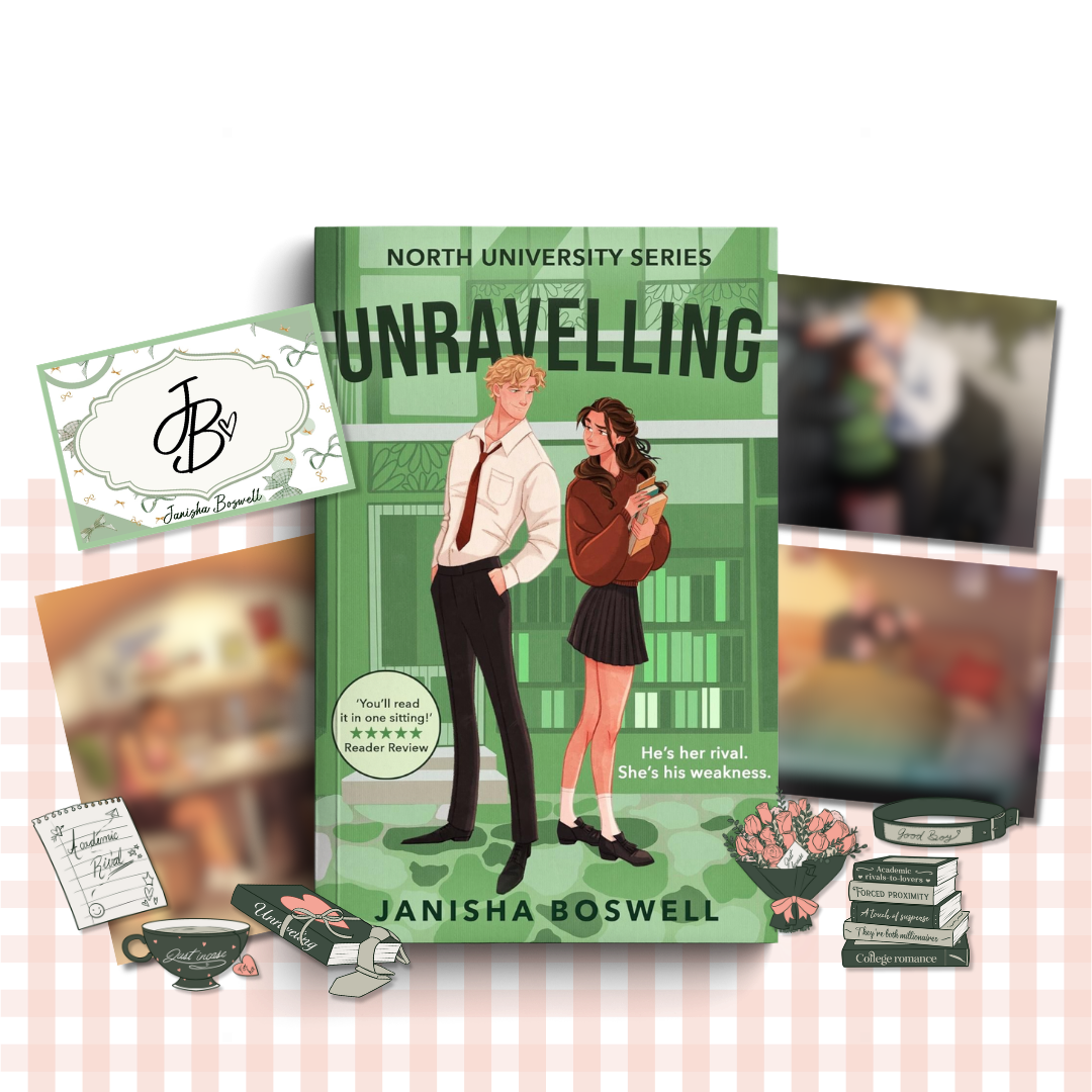 Paperback book cover of 'Unravelling' by Janisha Boswell with a green and white design and matching promotional materials