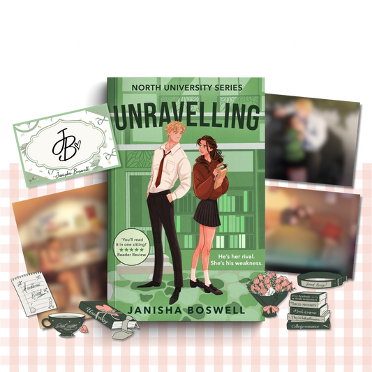 Paperback book cover of 'Unravelling' by Janisha Boswell with a green and white design and matching promotional materials
