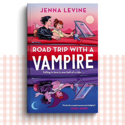 Paperback book cover of 'Road Trip with a Vampire' by Jenna Levine with a split illustration on a red and purple background.