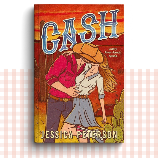 Paperback book cover of 'Cash' by Jessica Peterson, with a couple in front of an orange sunrise landscape.