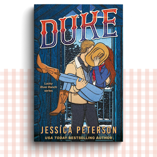 Paperback book cover of 'Duke' by Jessica Peterson, with a man carrying a woman in front of a wintery background.