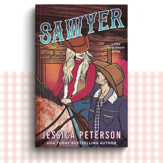 Paperback book cover of 'Sawyer' by Jessica Peterson featuring two characters in cowboy hats.