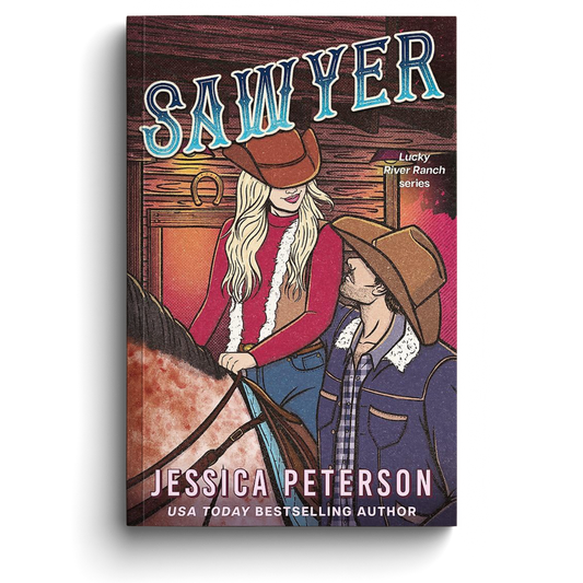 Book cover of 'Sawyer' by Jessica Peterson featuring two characters in cowboy hats.