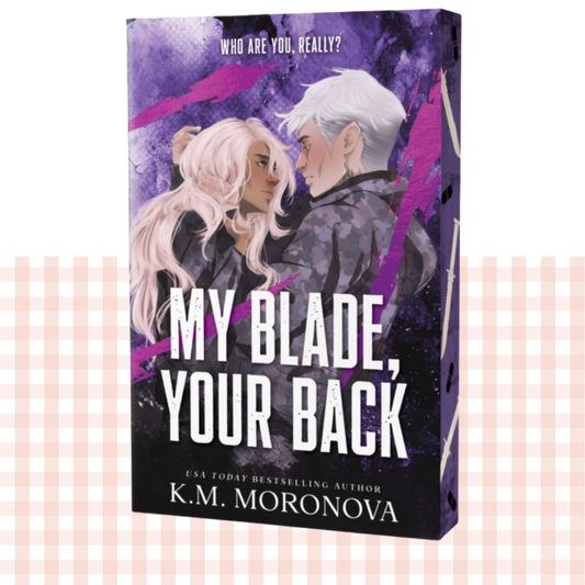 Paperback book cover of 'My Blade, Your Back' by KM Moronova with two characters on a purple background, and purple sprayed edges.
