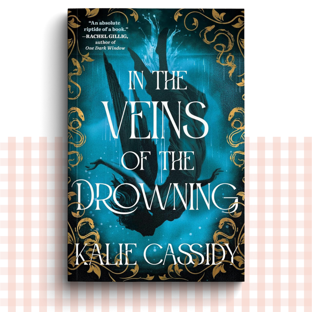 Paperback book cover of 'In the Veins of the Drowning' by Kalie Cassidy with a blue and gold fantasy design.