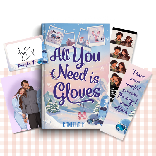 Paperback book cover of 'All You Need is Gloves' by Kanitha P, with a blue and white cover snow mountain cover and matching goodies.