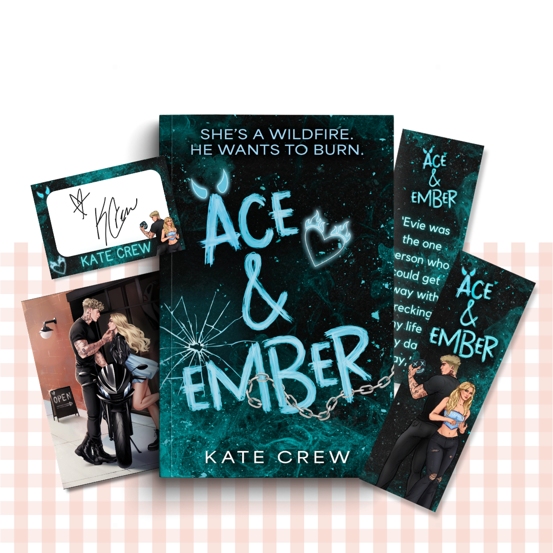 Paperback book cover of 'Ace & Ember' by Kate Crew with promotional materials