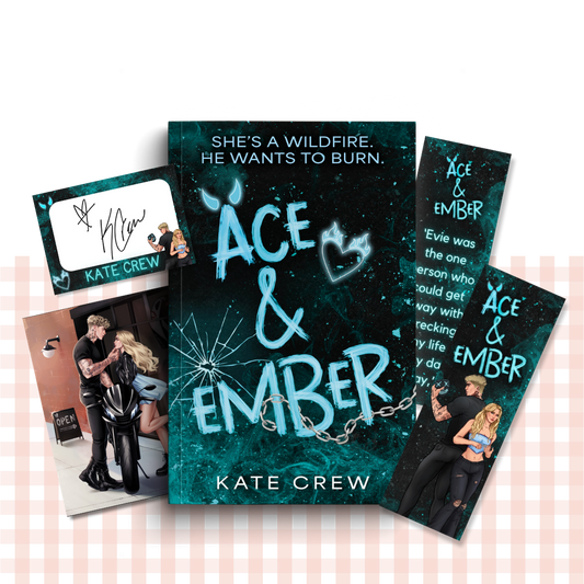 Paperback book cover of 'Ace & Ember' by Kate Crew with promotional materials