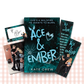 Paperback book cover of 'Ace & Ember' by Kate Crew with promotional materials