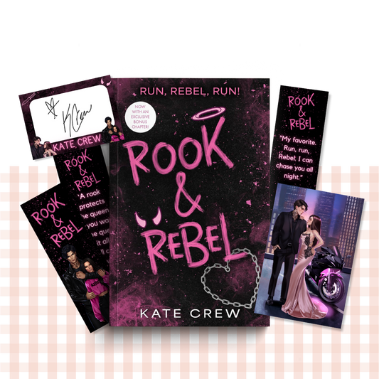 Paperback book cover of 'Rook & Rebel' by Kate Crew with promotional materials.