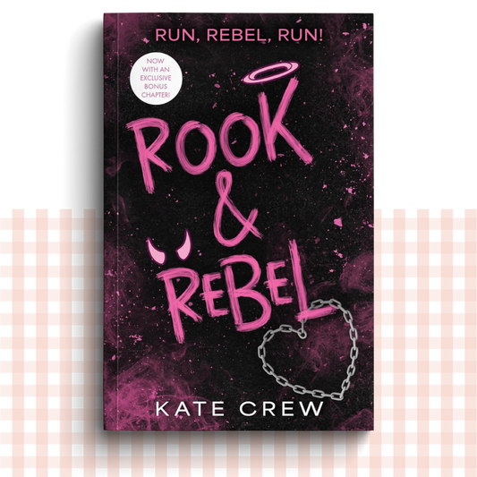 Paperback book cover of 'Rook & Rebel' by Kate Crew with pink text on a dark background