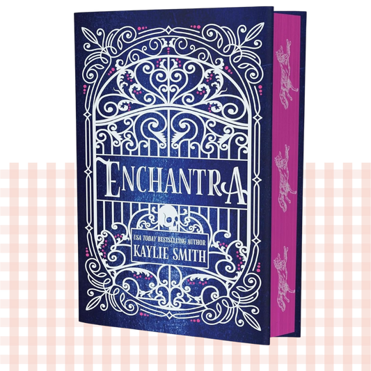 Hardback book cover of 'Enchantra' by Kaylie Smith with a blue and white design and pink edges
