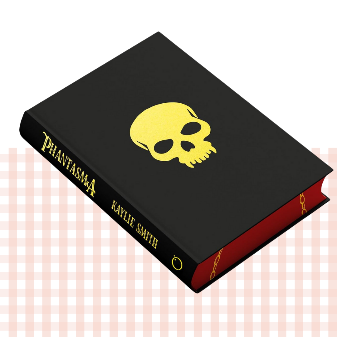 Hardback book cover of 'Phantasma' by Kaylie Smith with a yellow skull design on a black cover and red and yellow edges.