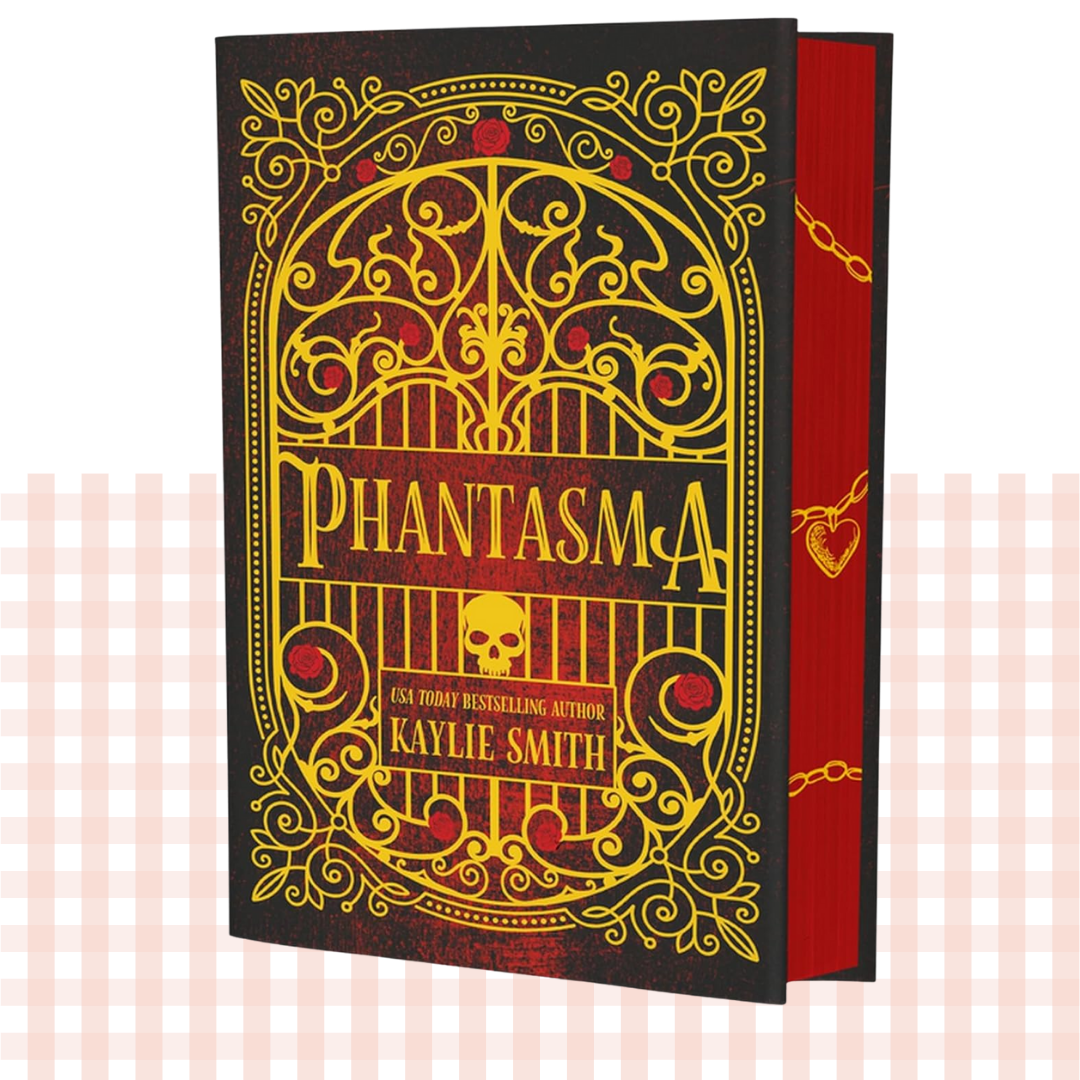 Hardback book cover of 'Phantasma' by Kaylie Smith with decorative red and yellow cover, and red sprayed edges.