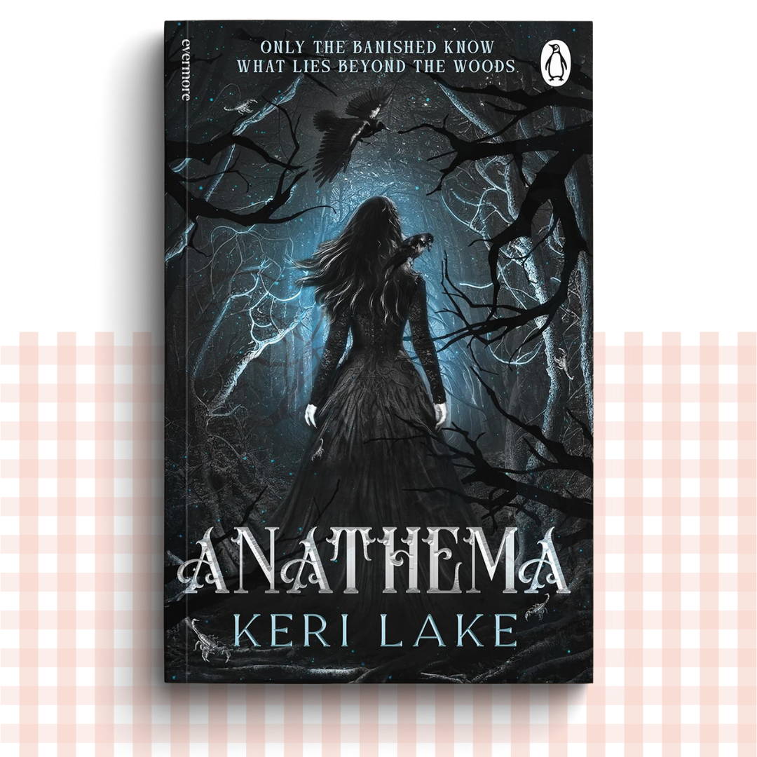 Paperback book cover of 'Anathema' by Keri Lake with a dark forest scene and woman in a black dress.