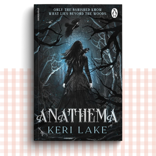 Paperback book cover of 'Anathema' by Keri Lake with a dark forest scene and woman in a black dress.