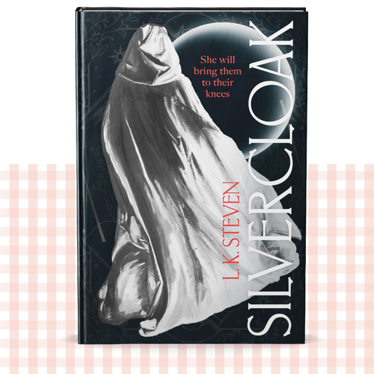 Hardback book cover of 'Silvercloak' by LK Steven with a black and white illustration of a figure in a cloak.
