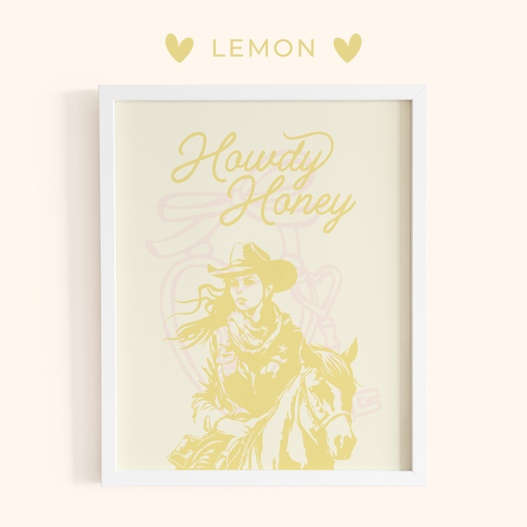 Framed artwork with 'Howdy Honey' text and a cowboy illustration on a light yellow background, branded 'Lemon'