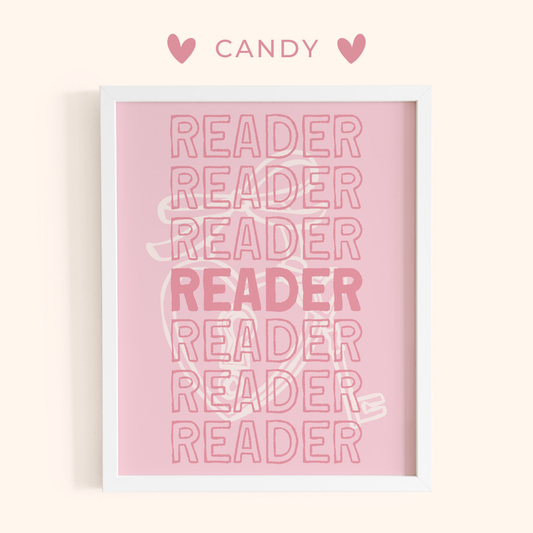 Framed pink poster with 'READER' text and 'CANDY' branding on a light background