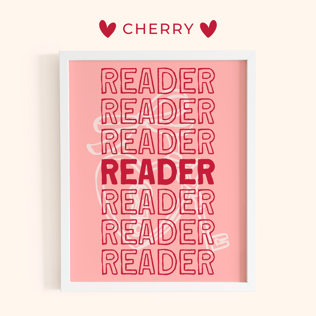 Framed poster with 'READER' text in red on a pink background, branded 'Cherry'