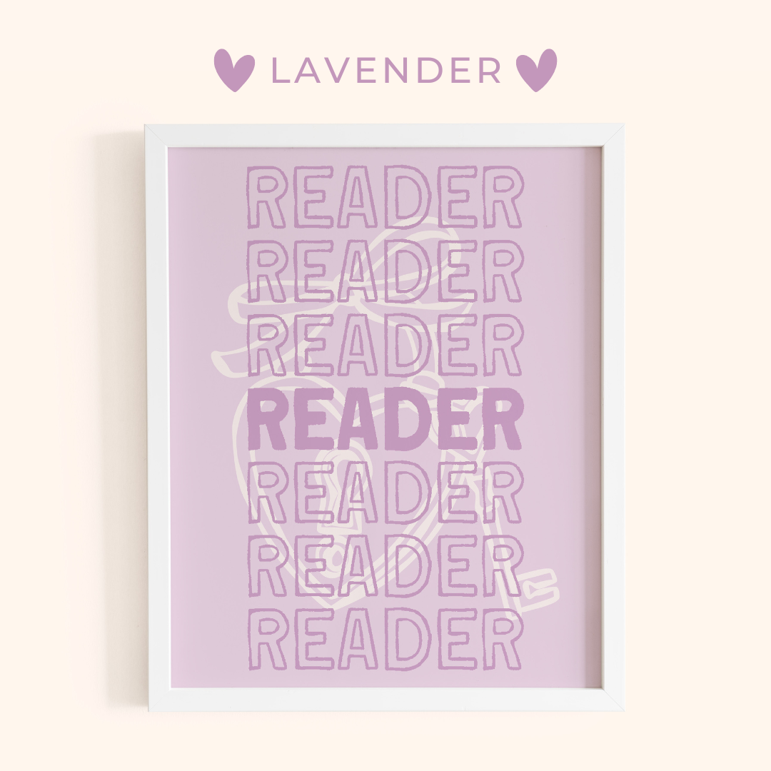 Framed artwork with 'READER' text in lavender on a lavender background