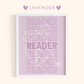 Framed artwork with 'READER' text in lavender on a lavender background