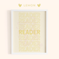 Framed artwork with 'READER' text in lemon on a light yellow background