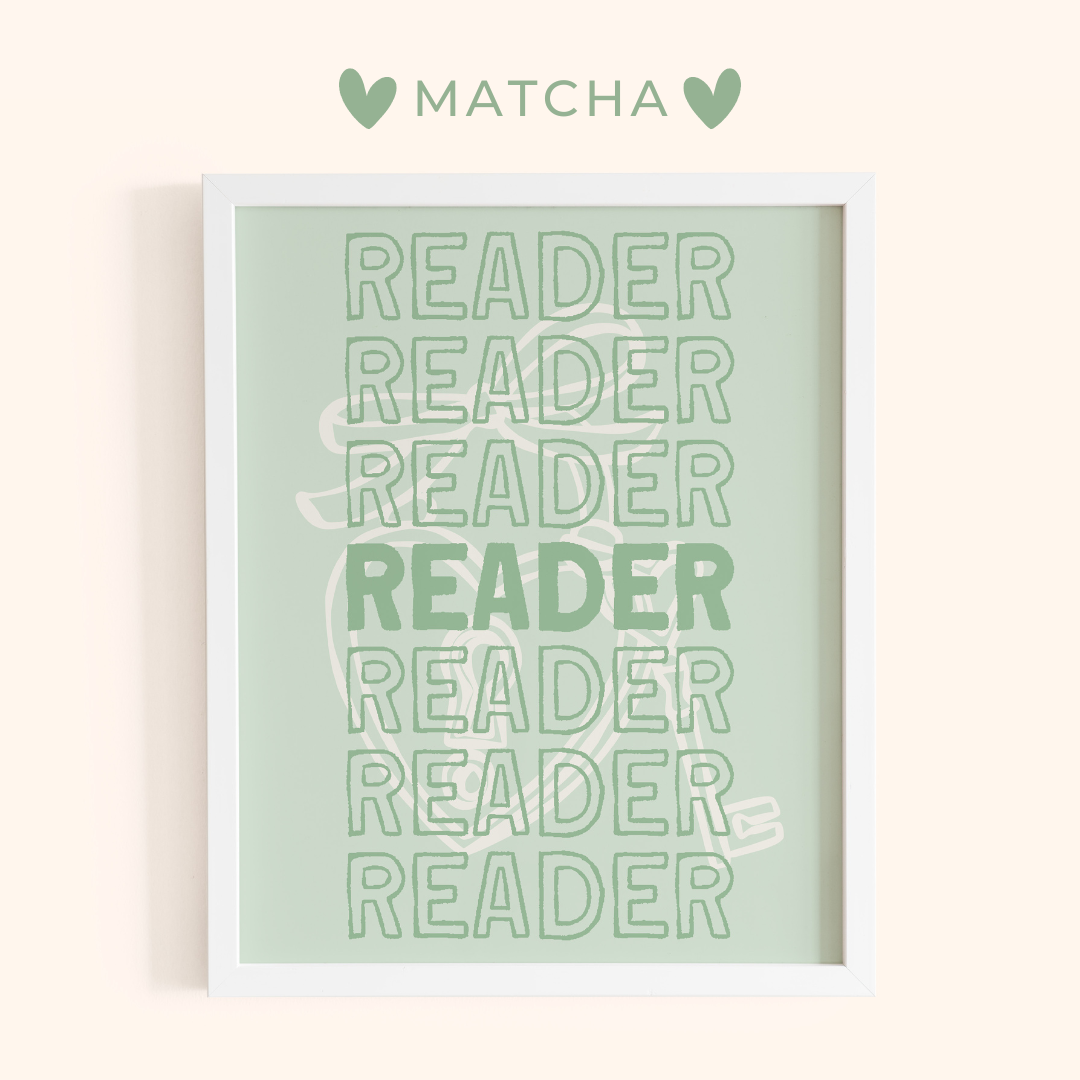 Framed poster with 'READER' text repeated in a green color scheme, featuring the brand 'Matcha'.