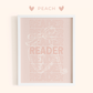 Framed artwork with 'READER' text in peach color on a light pink background