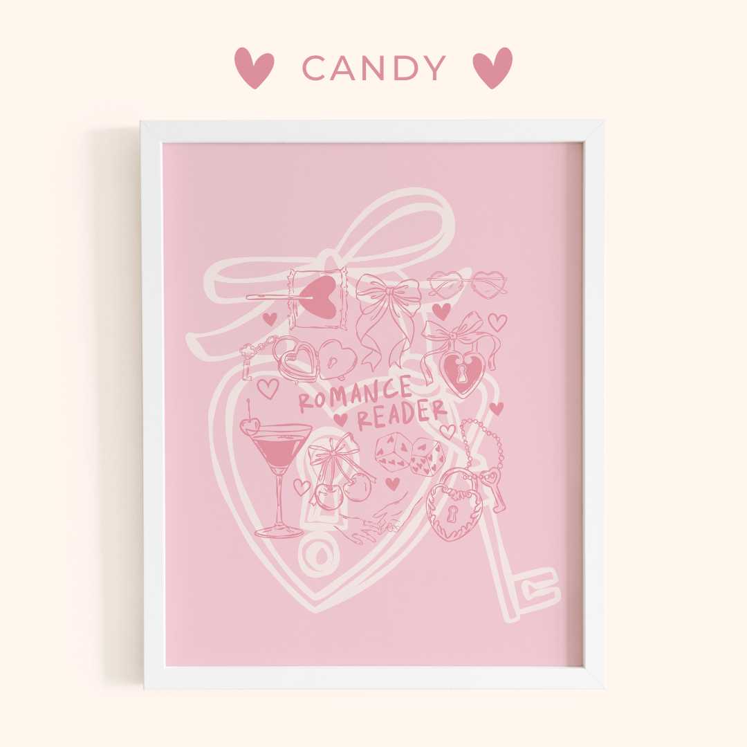 Framed artwork with romantic illustrations on a pink background, featuring the brand 'CANDY'.