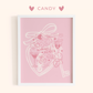 Framed artwork with romantic illustrations on a pink background, featuring the brand 'CANDY'.