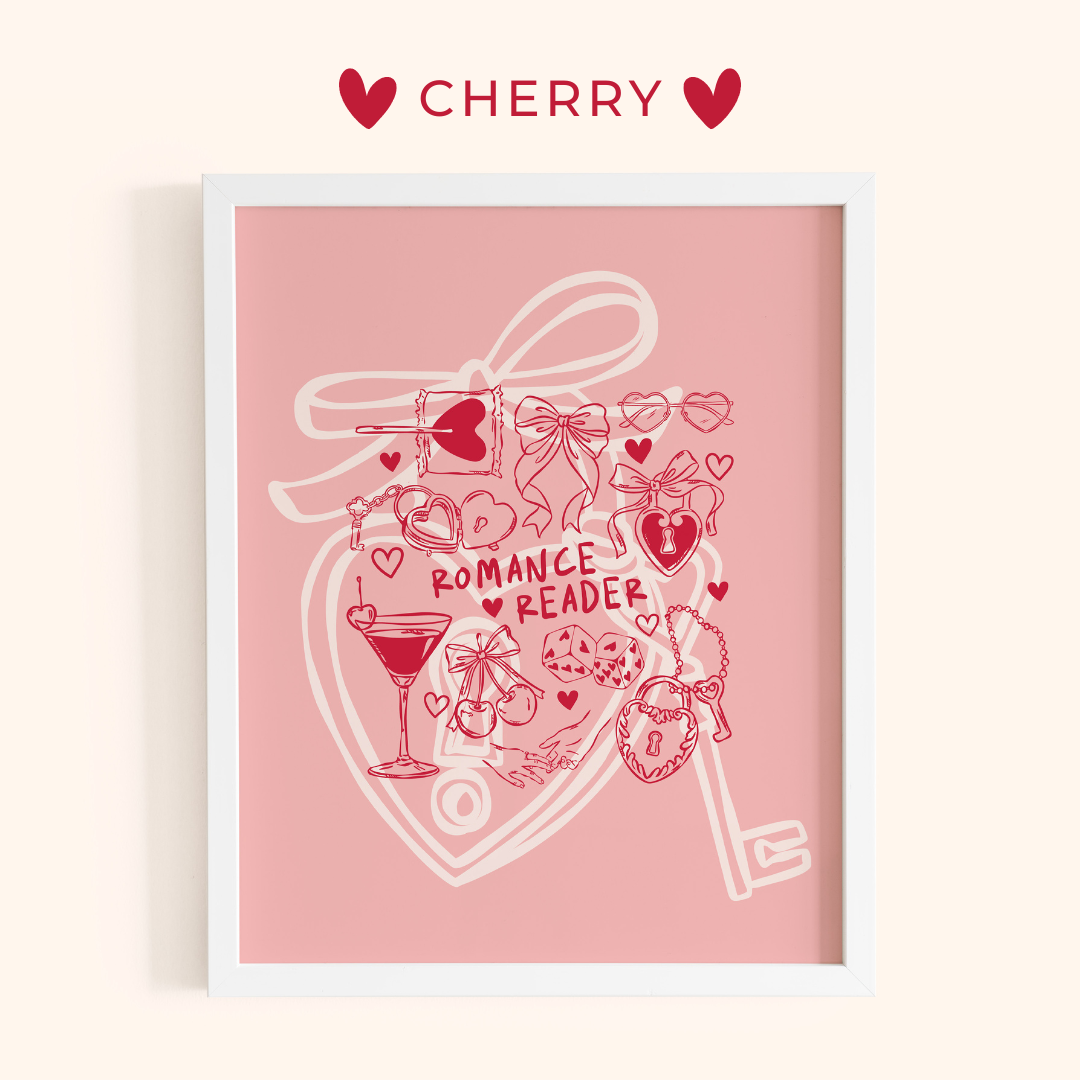 Framed poster with romantic elements on a pink background, featuring the brand 'Cherry'.