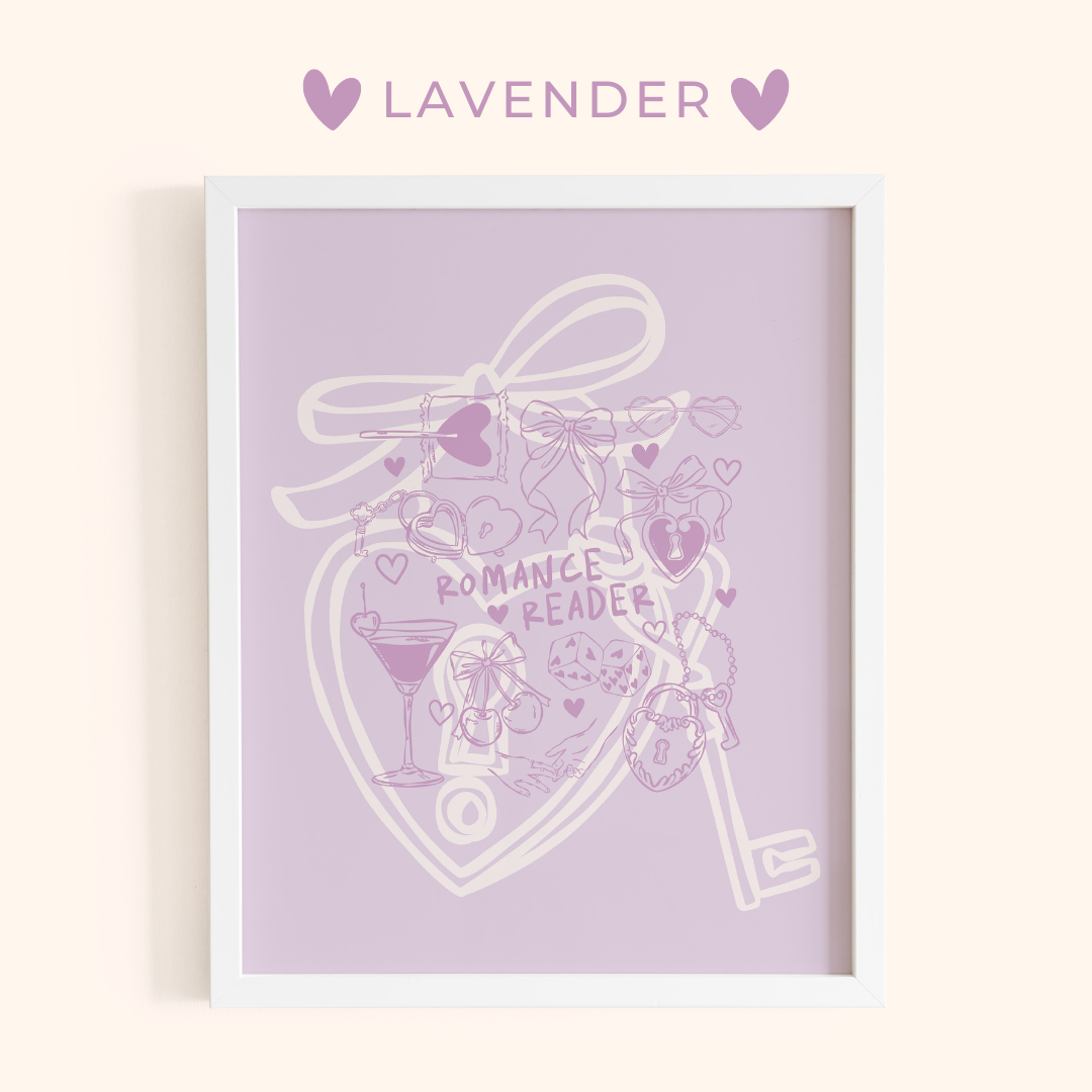 Framed artwork with 'Romance Reader' design on a lavender background