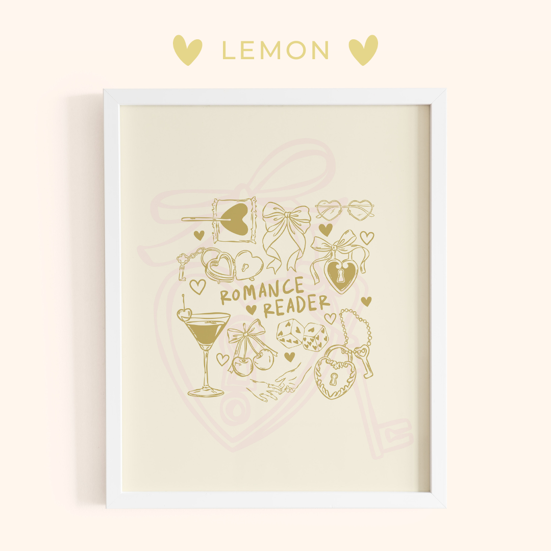 Framed artwork with yellow romantic  illustrations and text on a light background
