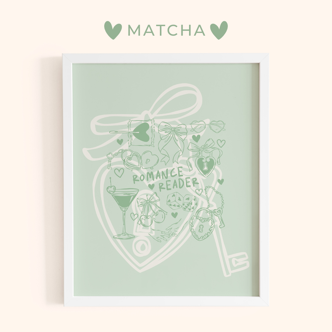 Framed artwork with decorative romance elements and 'Matcha' branding on a light green background