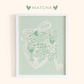 Framed artwork with decorative romance elements and 'Matcha' branding on a light green background