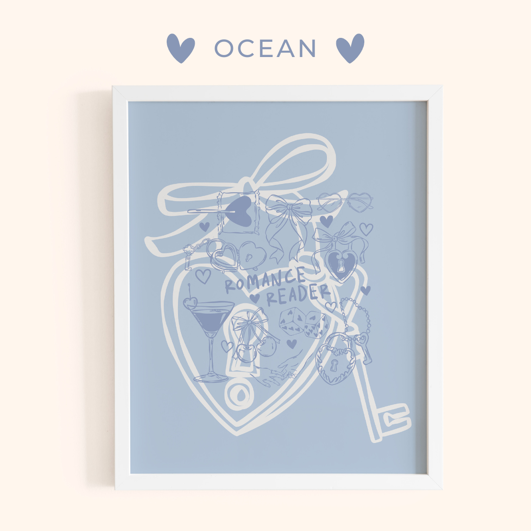 Framed artwork with a romantic illustration design and 'OCEAN' text on a light blue background