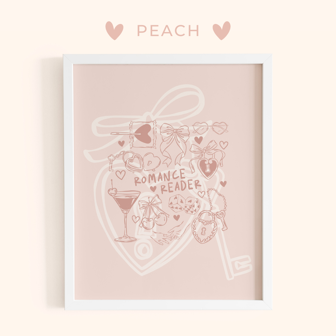 Framed artwork with romantic illustrations and 'Romance Reader' text on a pink background.