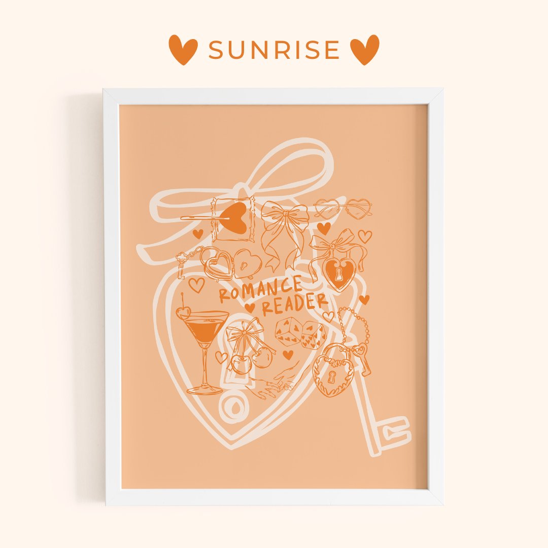 Framed artwork with romantic illustrations on a peach background, featuring the brand 'Sunrise'.
