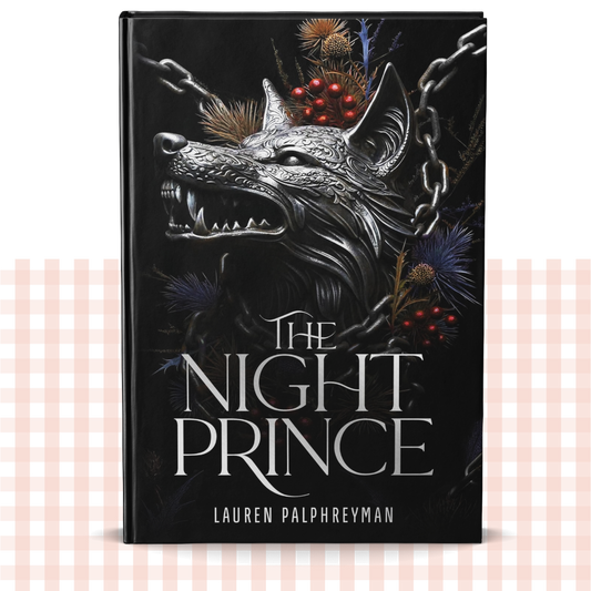 Hardback book cover of 'The Night Prince' by Lauren Palphreyman with a wolf design on a black background