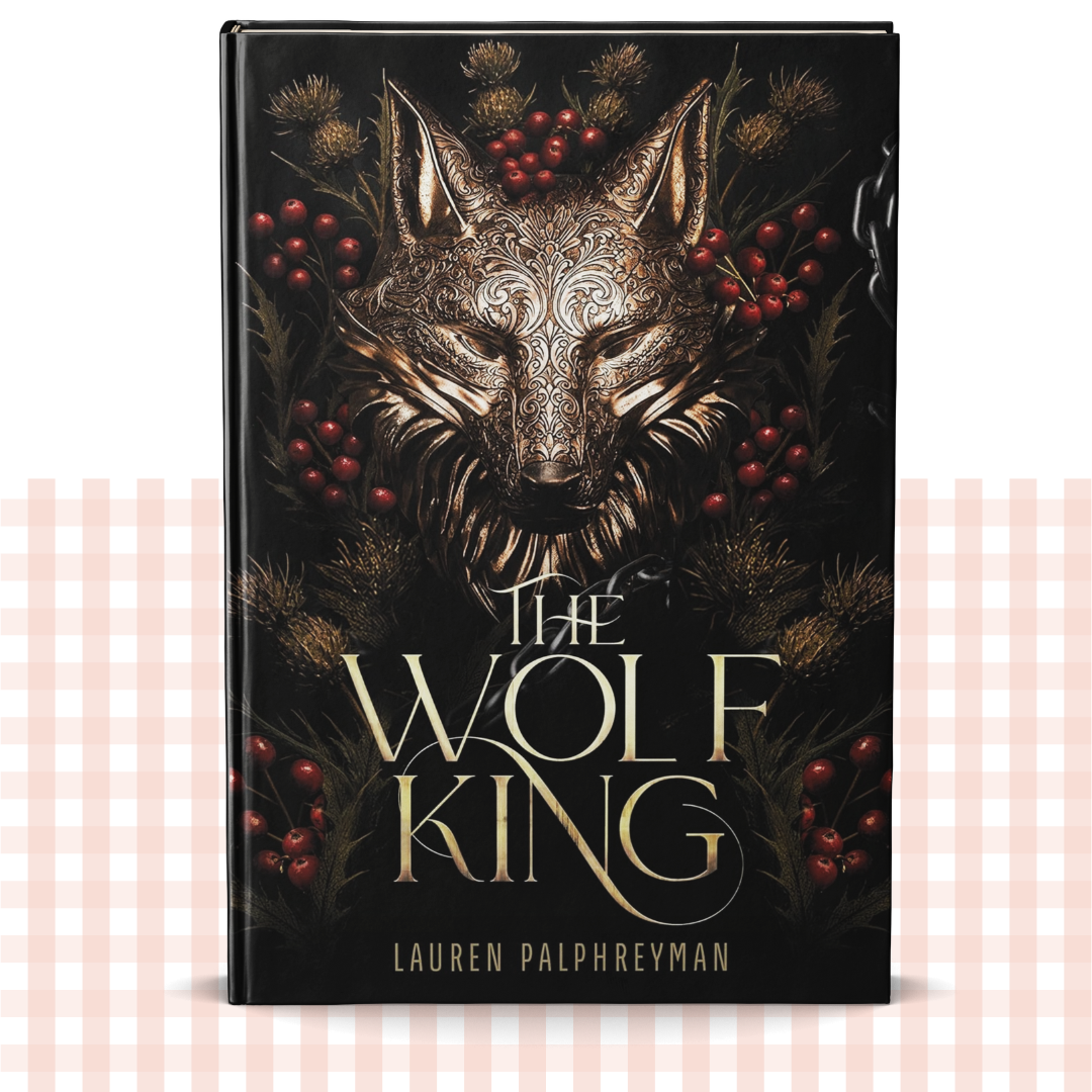 Hardback book cover of 'The Wolf King' with a wolf design and red berries on a black background.