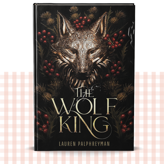 Hardback book cover of 'The Wolf King' with a wolf design and red berries on a black background.