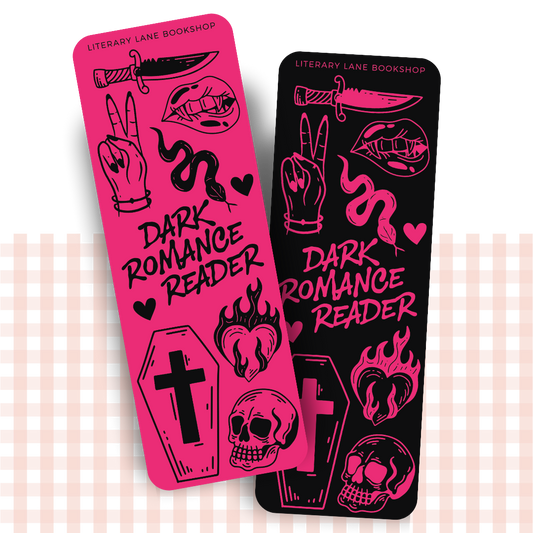 Double-sided bookmark with black and pink design, with illustrations relating to dark romance readers.