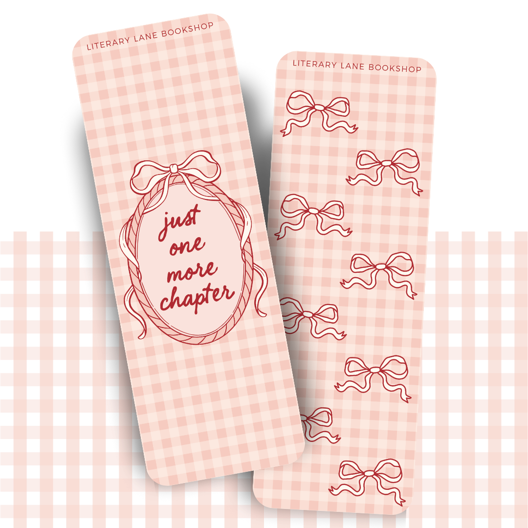 Double-sided gingham bookmark with bow designs and text reading 'just one more chapter'