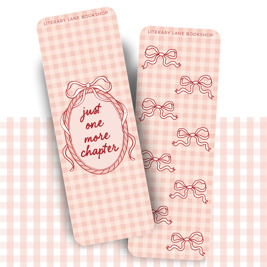Double-sided gingham bookmark with bow designs and text reading 'just one more chapter'